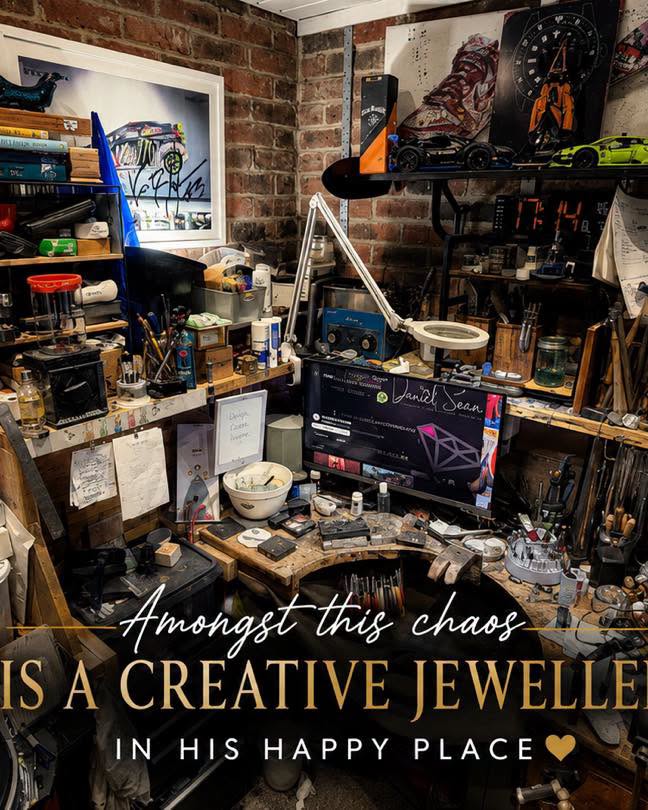 Workshop bench covered in tools and creative chaos